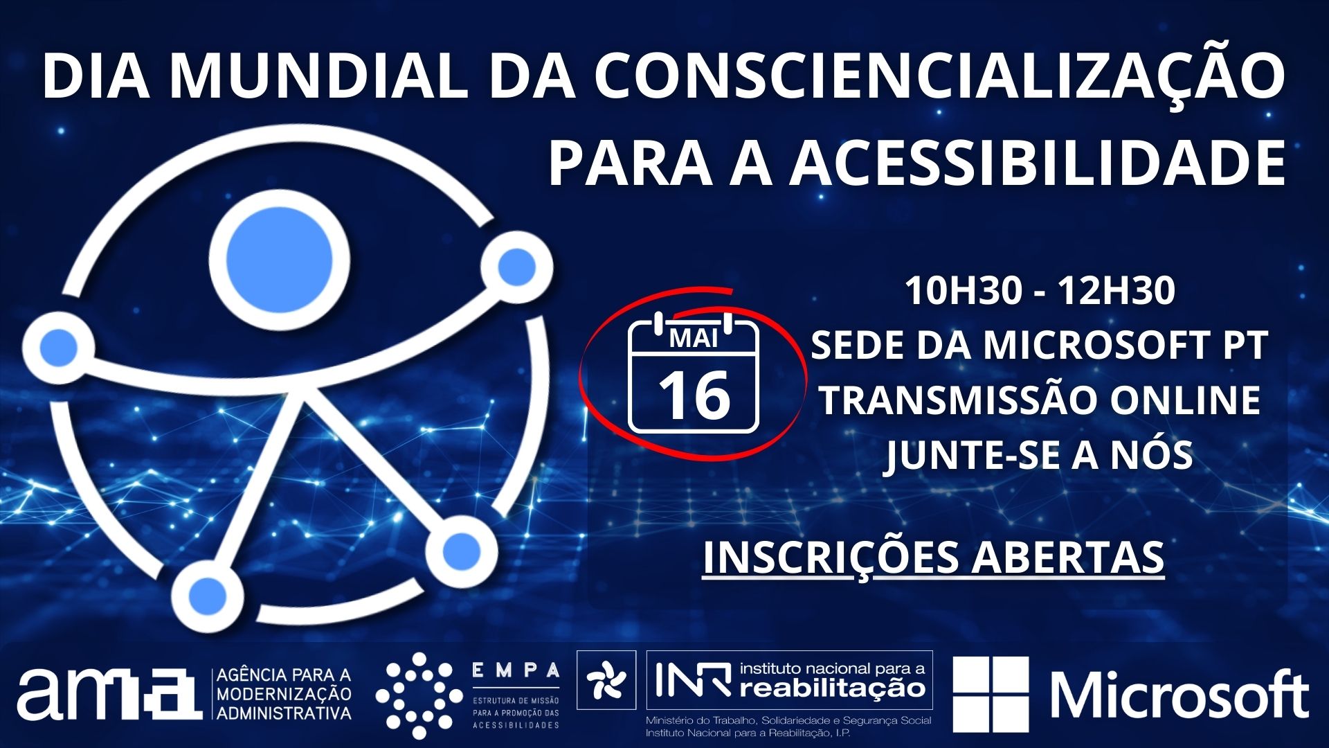 Imagem associada ao evento de celebração do 13.º Dia Mundial da Consciencialização para a Acessibilidade (Global Accessibility Awareness Day - GAAD),