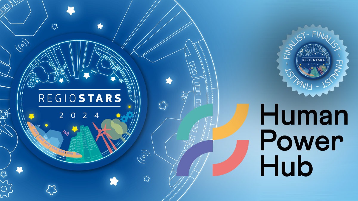 Imagem gráfica sobre o projeto Human Power Hub, finalista do REGIOSTARS 2024.