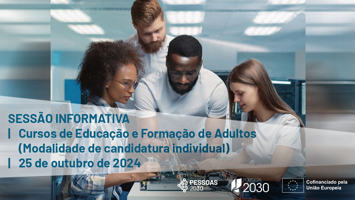 grupo de jovens adultos trabalham num componente eletrónico. Texto com data e hora da sessão online de esclarecimentos sobre processo de candidaturas no Balcão dos Fundos