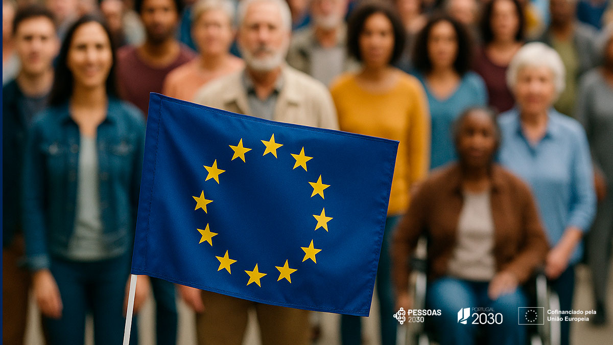 grupo heterogéneo de pessoas e bandeira da união europeia