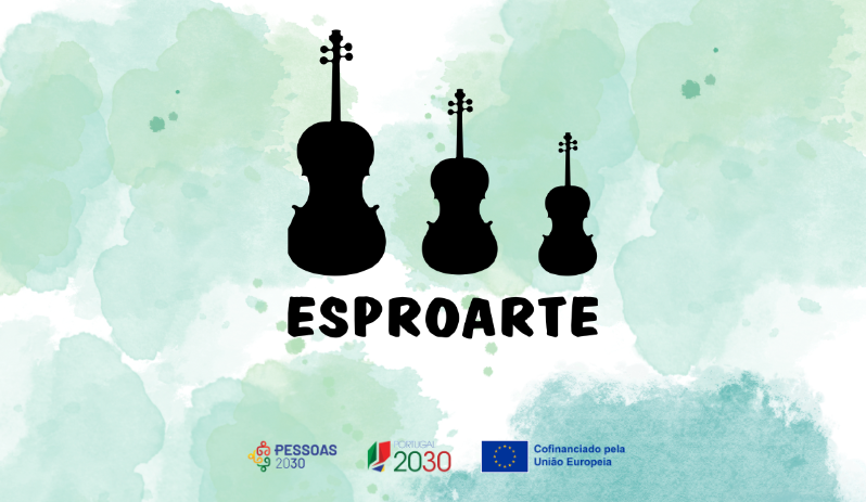 Estágio de Orquestra de Sopros ESPROARTE & Bandas da Região imagem de três violoncelos de diferentes tamanhos e a inscrição Esproarte. Barra de cofinanciamento do PESSOAS 2030