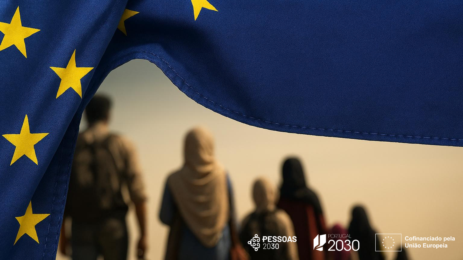 grupo de migrantes e bandeira da união europeia