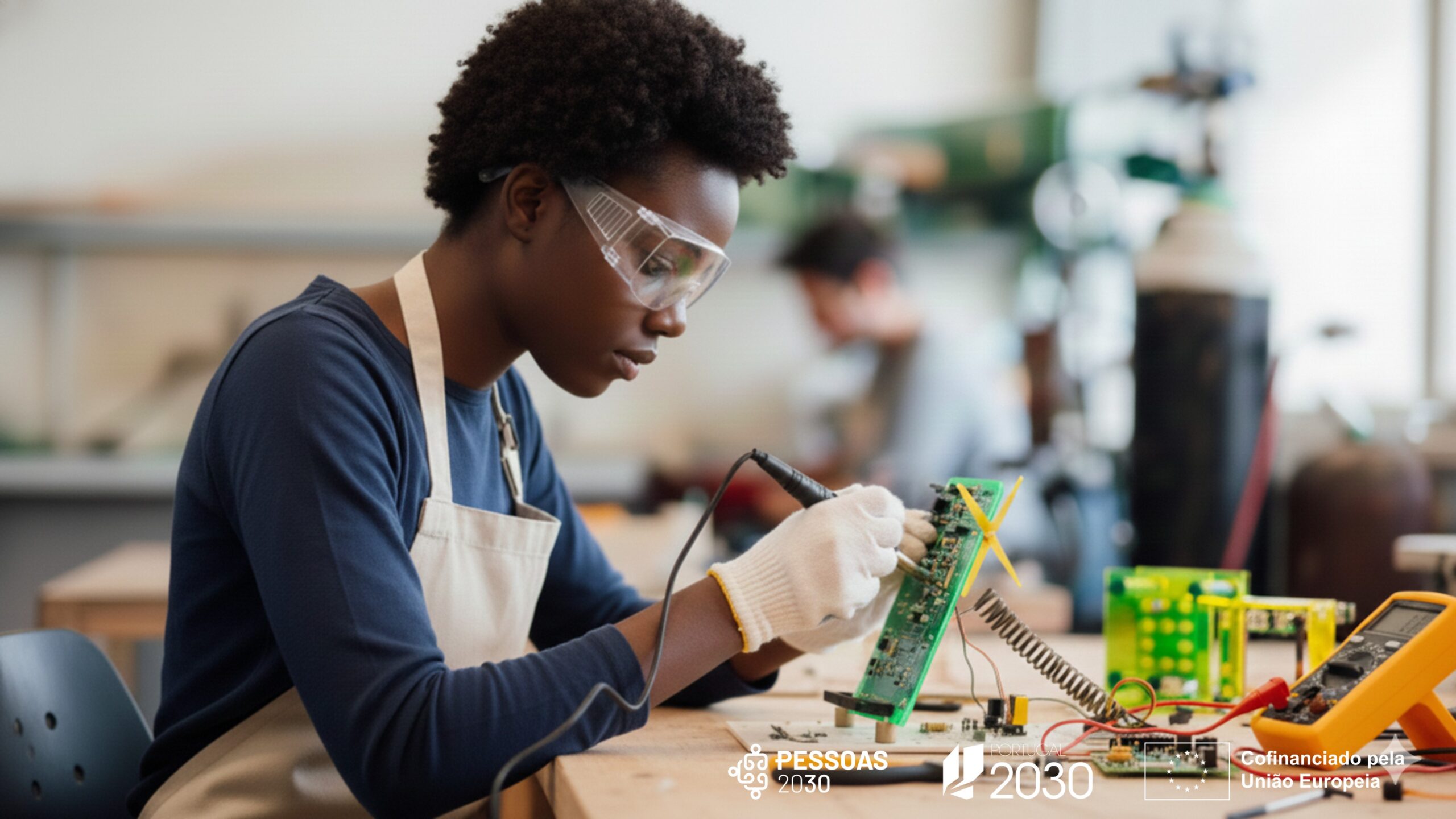 STEM e TIC mulher a trabalhar em elementos de eletrónica em ambiente de laboratório