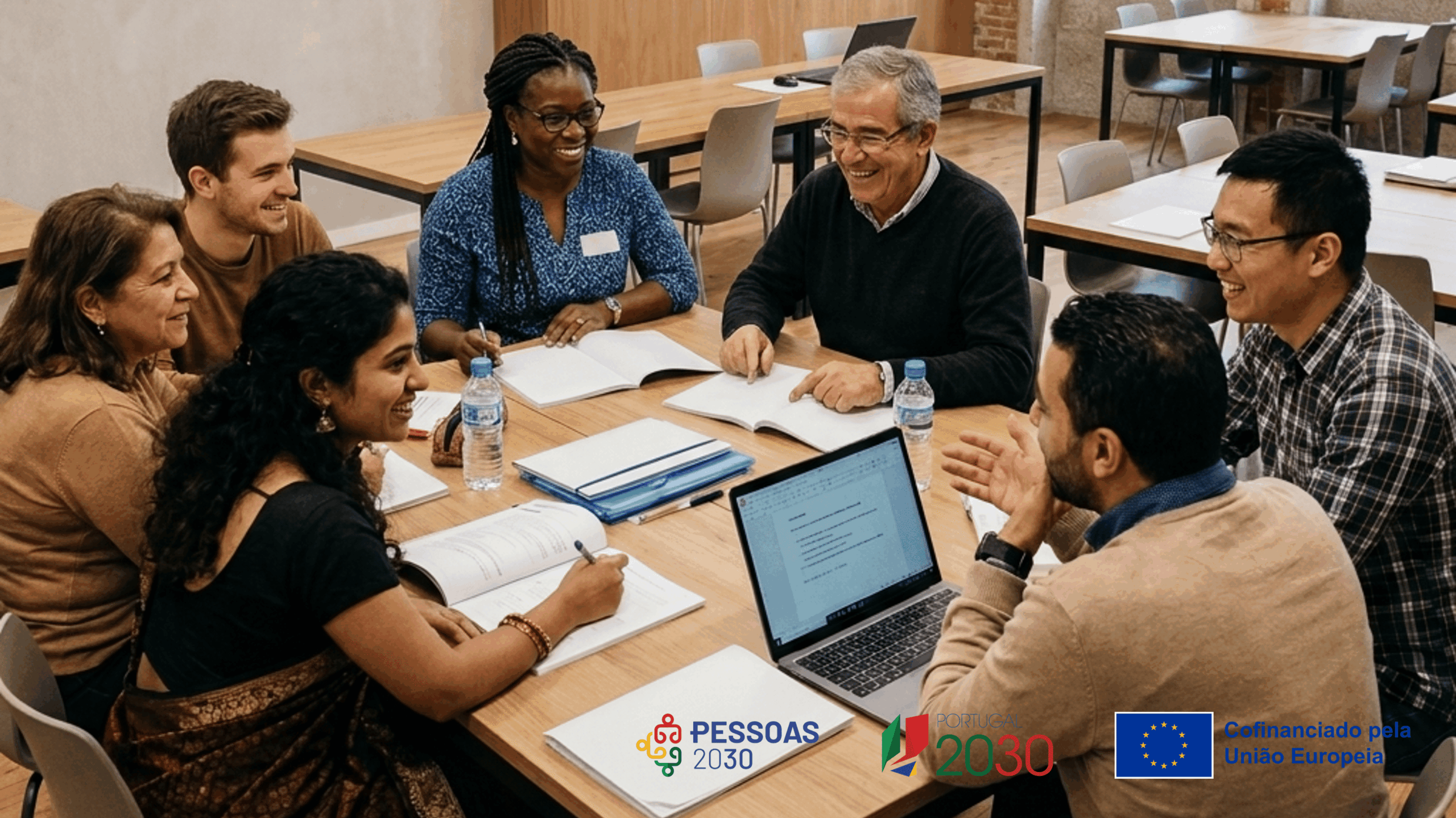 Centro Qualifica grupo de adultos em redor de mesa de trabalho com papéis e computador em contexto de sala de aula